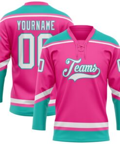 Custom Pink White-Aqua Hockey Lace Neck Jersey