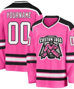 Custom Pink White-Black Hockey Jersey