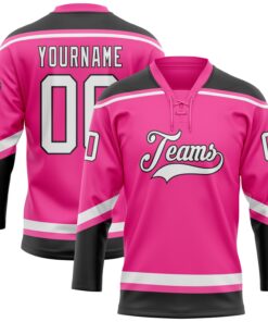 Custom Pink White-Black Hockey Lace Neck Jersey