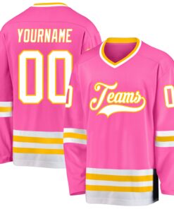 Custom Pink White-Gold Hockey Jersey