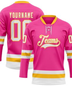 Custom Pink White-Gold Hockey Lace Neck Jersey