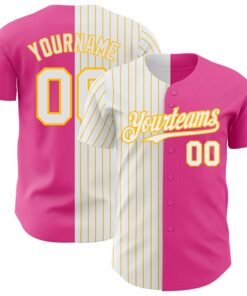 Custom Pink White-Gold Pinstripe Authentic Split Fashion Baseball Jersey