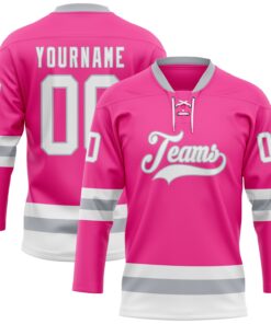 Custom Pink White-Gray Hockey Lace Neck Jersey