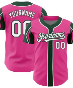 Custom Pink White-Green 3 Colors Arm Shapes Authentic Baseball Jersey