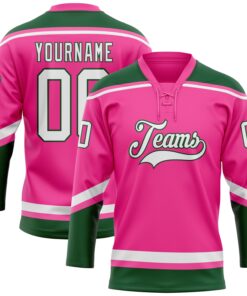 Custom Pink White-Green Hockey Lace Neck Jersey