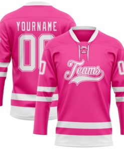 Custom Pink White Hockey Lace Neck Jersey