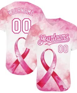 Custom Pink White-Hot Pink 3D Pink Ribbon Breast Cancer Awareness Month Women Health Care Support Authentic Baseball Jersey