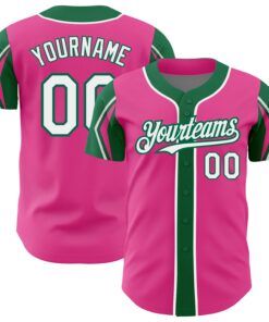 Custom Pink White-Kelly Green 3 Colors Arm Shapes Authentic Baseball Jersey