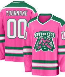 Custom Pink White-Kelly Green Hockey Jersey