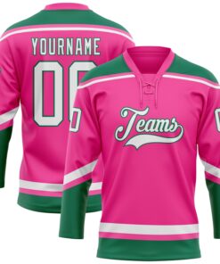 Custom Pink White-Kelly Green Hockey Lace Neck Jersey