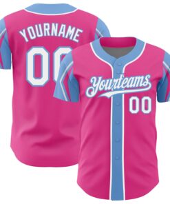Custom Pink White-Light Blue 3 Colors Arm Shapes Authentic Baseball Jersey
