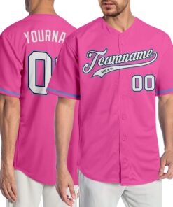Custom Pink White-Light Blue Authentic Baseball Jersey