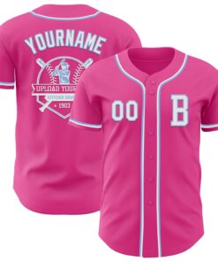 Custom Pink White-Light Blue Authentic Baseball Jersey