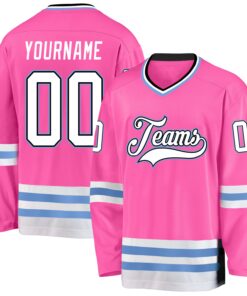 Custom Pink White-Light Blue Hockey Jersey
