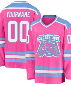 Custom Pink White-Light Blue Hockey Jersey