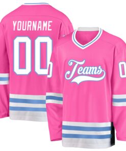 Custom Pink White-Light Blue Hockey Jersey