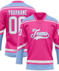 Custom Pink White-Light Blue Hockey Lace Neck Jersey