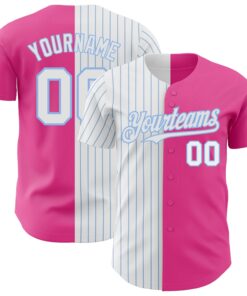 Custom Pink White-Light Blue Pinstripe Authentic Split Fashion Baseball Jersey