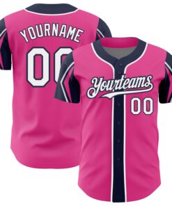 Custom Pink White-Navy 3 Colors Arm Shapes Authentic Baseball Jersey