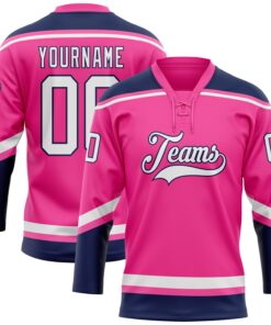 Custom Pink White-Navy Hockey Lace Neck Jersey