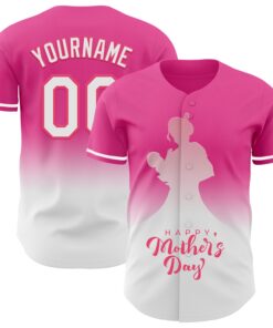 Custom Pink White-Neon Pink 3D Pattern Design Gradient Mother's Day Family Love Authentic Baseball Jersey