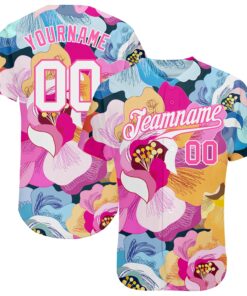 Custom Pink White-Pink 3D Pattern Design Flowers Authentic Baseball Jersey
