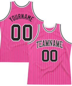 Custom Pink White Pinstripe Black-White Authentic Basketball Jersey