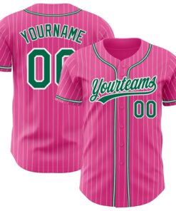 Custom Pink White Pinstripe Kelly Green Authentic Baseball Jersey