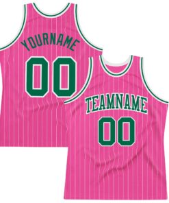 Custom Pink White Pinstripe Kelly Green-White Authentic Basketball Jersey