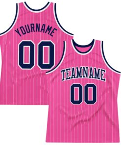 Custom Pink White Pinstripe Navy-White Authentic Basketball Jersey