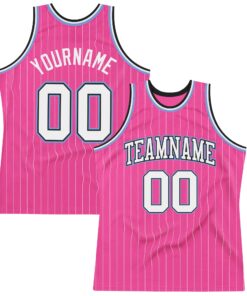 Custom Pink White Pinstripe White Black-Light Blue Authentic Basketball Jersey