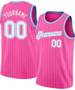 Custom Pink White Pinstripe White-Light Blue Authentic Basketball Jersey