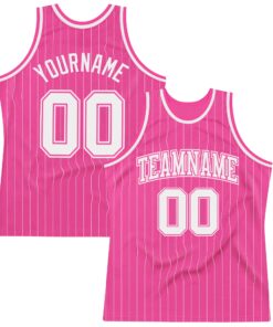 Custom Pink White Pinstripe White-Pink Authentic Basketball Jersey
