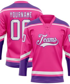 Custom Pink White-Purple Hockey Lace Neck Jersey