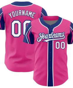 Custom Pink White-Royal 3 Colors Arm Shapes Authentic Baseball Jersey