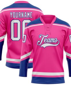Custom Pink White-Royal Hockey Lace Neck Jersey