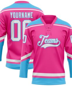 Custom Pink White-Sky Blue Hockey Lace Neck Jersey