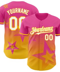 Custom Pink White-Yellow 3D Pattern Design Gradient Style Twinkle Star Authentic Baseball Jersey