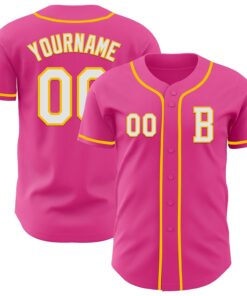 Custom Pink White-Yellow Authentic Baseball Jersey