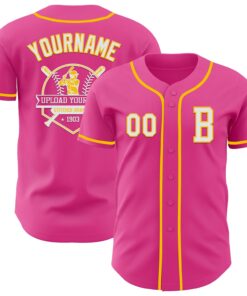 Custom Pink White-Yellow Authentic Baseball Jersey