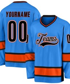 Custom Powder Blue Black-Orange Hockey Jersey