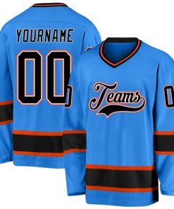 Custom Powder Blue Black-Orange Hockey Jersey