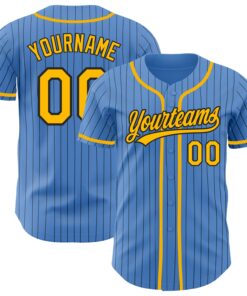 Custom Powder Blue Black Pinstripe Gold Authentic Baseball Jersey