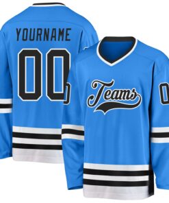 Custom Powder Blue Black-White Hockey Jersey