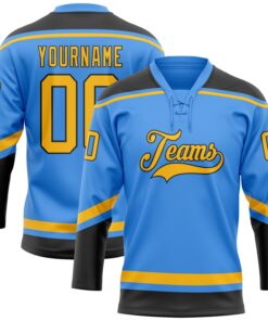 Custom Powder Blue Gold-Black Hockey Lace Neck Jersey