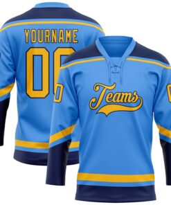Custom Powder Blue Gold-Navy Hockey Lace Neck Jersey