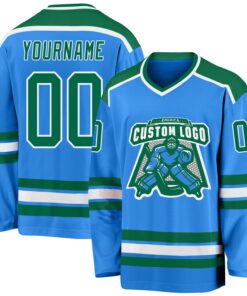 Custom Powder Blue Kelly Green-White Hockey Jersey