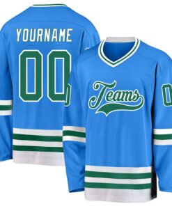 Custom Powder Blue Kelly Green-White Hockey Jersey