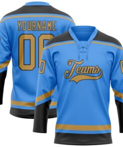 Custom Powder Blue Old Gold-Black Hockey Lace Neck Jersey
