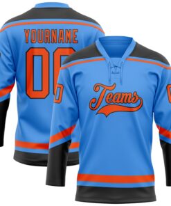 Custom Powder Blue Orange-Black Hockey Lace Neck Jersey